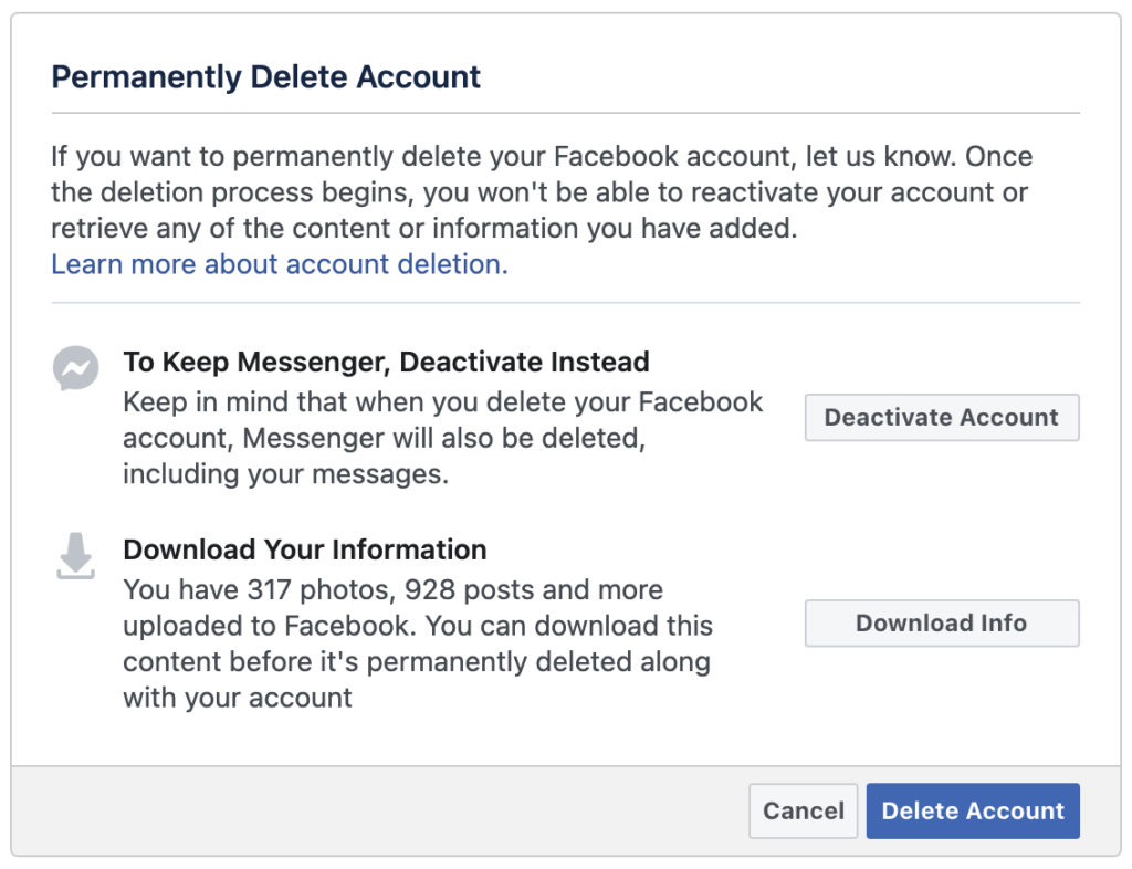 Facebook account delete